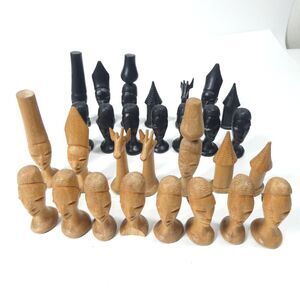 African Hand Carved Wooden Chess Set Vintage Africa Makonde INCOMPLETE AS-IS